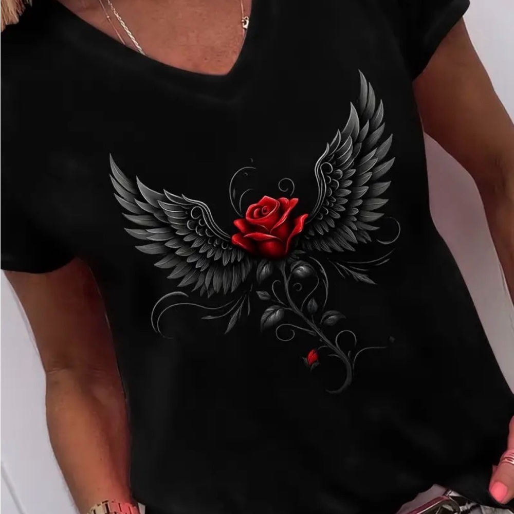 SHEIN Black V-Neck Tee with Red Rose and Gray Wing Graphic